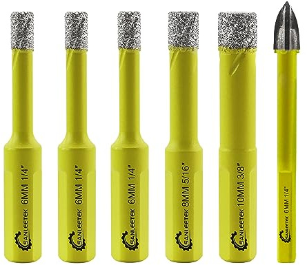 Juego de Brocas Diamante Seco - 5piezas 6/6/6/8/10mm Sierra Perforadora y 1pieza 6mm Taladro Carburo con Vástago Triangular para Cerámica Porcelana Granito Mármol Cuarzo Gres SANLEETEK