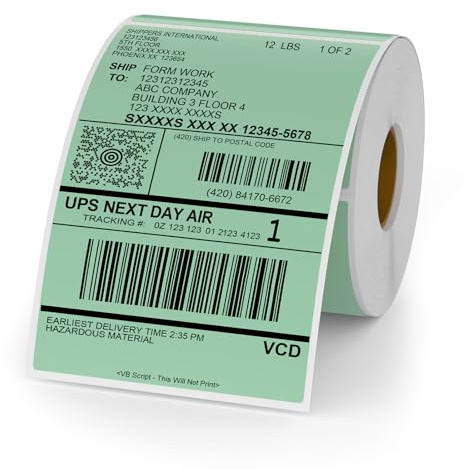 YIKIADA Etichetta termica verde in vinile 150 × 100 mm, rotolo, perforata, autoadesiva, termodiritta, impermeabile, etichetta di spedizione per codice a barre e QR Code, 250 pezzi