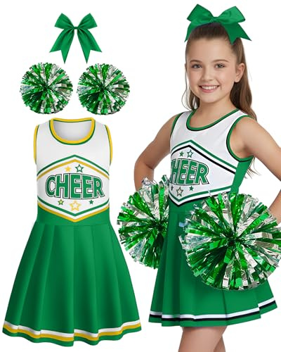 JenPen Cheerleader Costume Cheerleading Outfit Dress Cheer Uniform with Bow Halloween Dress up Gifts(3-5 Years,Black and Gold)(7-9 Years,Dark Green)