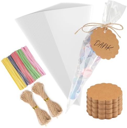 100 Stück Süßigkeiten Tüten und 100 Stück Geschenkanhänger, 25x13cm Spitztüten Spitztüten, OPP Durchsichtige Gastgeschenke Tüten, Klein Candy Bar Tüten für Hochzeit,Halloween,Weihnachten,Einschulung