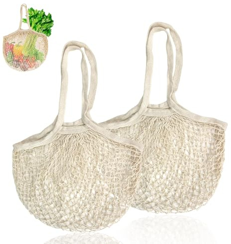 HUSOUE Nätväska, 2 stycken nätpåse återanvändbara grönsakspåsar bomull med handtag tvättbar nätpåse shoppingväska nätväskor vikbara inköpsnät för frukt och grönsaker, Beige, Medium, Vikbar