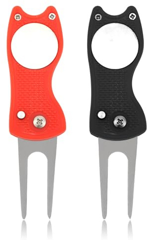 XIHIRCD 2pcs Golf Divot Repair Tools, Pitch Mark Repair Tool,Foldable Golf Divot Tool with Magnetic Ball Marker Pop-up Metal Golf Putting Fork Golf Divot Tool