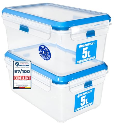 ATHLON TOOLS 2x 5L Frischhaltedosen-Set in Gastro-Qualität - 100% luftdicht und auslaufsicher -40 bis +100 Grad - für alle Lebensmittel - BPA-frei - Vorratsdosen für Kühlschrank [MADE IN EU]