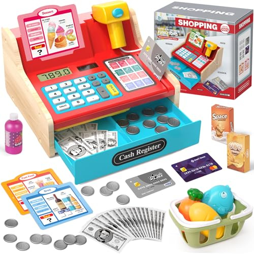 2026 Caisse Enregistreuse en Bois avec Scanner Calculatrice Jouet Enfant 3+ Ans, Faire Semblant de Jouer Magasin Jouets Cadeaux éducatifs pour Filles Garçons 3 4 5 6 7 Ans, Rouge&Bleu