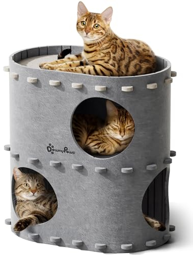 DownyPaws Cuccia per Gatti in Pelliccia, Letto a 2 Piani Casetta per Gatti 50x33x50 cm, Castello per Giocare, Design Accogliente, Protezione per le Unghie, Grigio