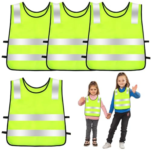 4 Stück Warnweste Kinder, Warnwesten Auto, Sicherheitsweste Kinder, Reflektierende Hohe Sichtbarkeit Kinderwarnweste Leichte Reflektorweste Atmungsaktive Sicherheitsweste in Universalgröße(3-12 Jahre)