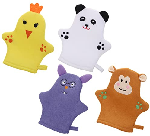 DEARMAMY Lot de 4 Moufles Exfoliants pour Garçon et Filles en Polyester, Mousse Riche et Massage Doux pour Peau Sensible, Bain Soin Corporel