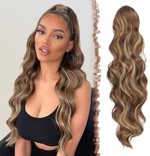 FESHFEN Extension Coda Capelli con Coulisse Lunga Posticci per Capelli Ondulati Ricci Coda Cavallo Capelli Extensions Finta per Donne, 60 cm Honigblond Gemischt Hellbraun