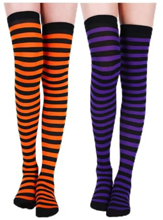 CATASTRBT Chaussettes Hautes Rayées 2 Paires Femme Chaussette Haute Bas à Rayures Au-Dessus Du Genou pour Fête d'Halloween, Carnaval, Cosplay