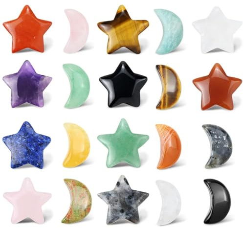 LAKPYN 20 psc Stella Pietre Preziose di Stella di Cristalli di Chakra per Equilibrio Decorazione Meditazione 10 psc di cristallo a forma di stella+10 psc di cristallo a forma di luna colori casuali