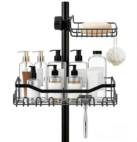 VirtuGro 2 pezzi Mensola Doccia senza Foratura in Acciaio Inox Porta Sapone per Doccia Regolabile Mensole Bagno Porta Sapone Cucina Shower Shelf per Asta e Rubinetti da Cucina 16mm-25mm (Nero)