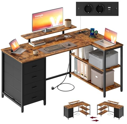 VASAGLE L-förmiger Eckschreibtisch mit Steckdosen, Computertisch, Gaming-Tisch, beidseitig montierbar, verstellbare Ablagen, 4 Schubladen, 2 USB-Anschlüsse, 140 x 80 cm, vintagebraun LWD172KD01