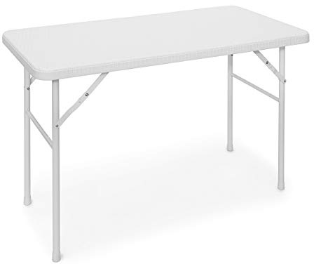 Relaxdays Tavolo da Campeggio Pieghevole BASTIAN, Rettangolare 74x121,5x61,5, Tavolino da Outdoor, Look Rattan,Bianco