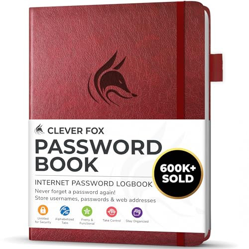 Clever Fox Passwortbuch mit Registerkarten - Adress- und Passwort-Organisationsbuch mit alphabetischen Registerkarten - Kleines Passwortbuch für Computer- und Website-Logins, Weinrot