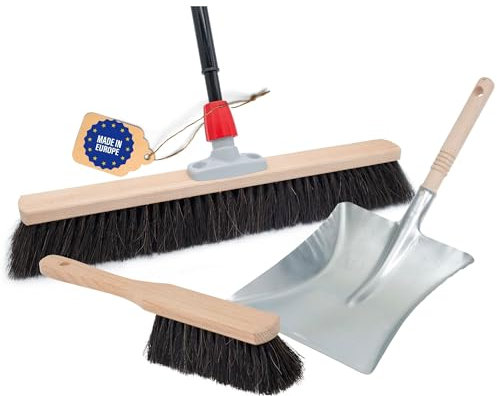 Novaliv Saalbesen Naturhaar Set 40 cm I Besen Kehrblech und Handfeger Teleskopstiel I Rosshaar schwarz I mit Stiel ausziehbar I Weich I fein I Großraumbesen Zimmerbesen