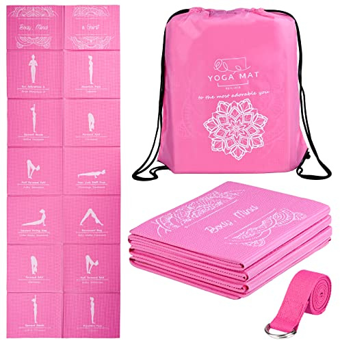 Foldable Yoga Mat for Women, Non Slip Exercise Mat for Home Gym, 5mm Travel Yoga Mats Set With Stretch Strap for Yoga Pilates and Fitness, 68L x 24W x 0.2 Inch Thick