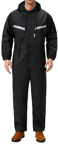 Yukirtiq Combinaison de Travail pour Homme Réfléchissantes Bleu de Travail Multipoche Salopette de Travail Ensembles Costume de Chaufferie avec Capuche, Noir, L