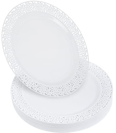 STACKABLES ~ Pack of 20 Hard Plastic Plates ~ White Round Lace Rim Plate ~ Multi-Purpose Reusable Party Plate Set (10 Plates)