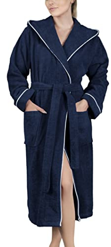 LAYNENBURG Peignoir Femme en éponge - Capuche - long - 100% coton (360g/m2) - OEKO TEX Standard 100 - Taille (L, Bleu)