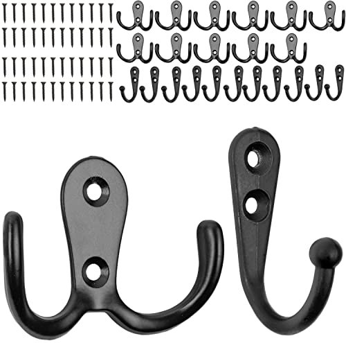 Haken zum Schrauben Set, 24 Stück, in Schwarz, je 12 x Einzelhaken und Doppelhaken inkl. Holzschrauben, Garderobenhaken für Tür, Bad, Küche, Flur, DIY Metallhaken, Mantelhaken, Huthaken Schraubhaken