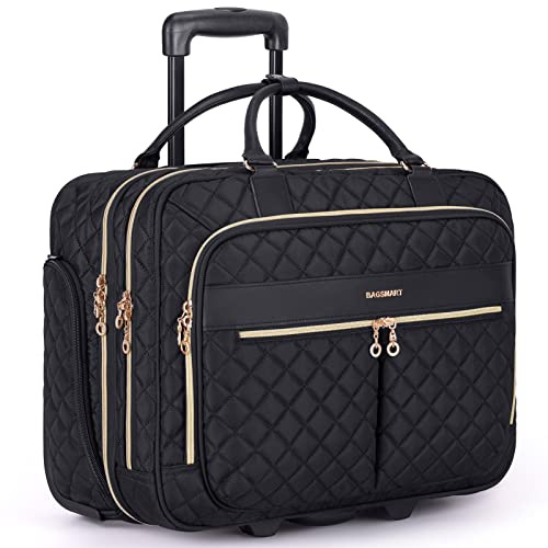 bagsmart 17.3 Inch Rolling Laptop Bag Women Men,Rolling Briefcase for Women with Wheels,Rolling Computer Bags Laptop Case for Office Travel Business,Quilted Black