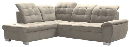 DomiMeble Ecksofa Lotta 258 x 212 x 108 cm - modernes Sofa, bequem mit hochelastischem Schaumstoff, mit Bettkasten, mit Schlaffunktion, angenehm anzufassendes Veloursmaterial (Linke Seite, Beige)