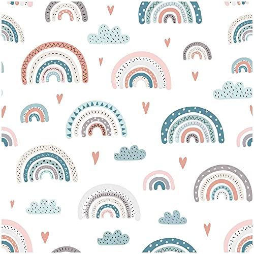 VmG-Store 1m Baumwollstoff zum Nähen 100% Baumwolle Nähstoff KEINE Meterware Kinderstoff (Regenbogen Pastell Weiß Bc018)