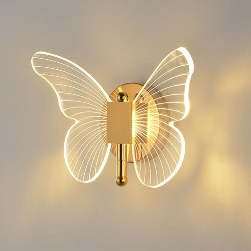 YLTLINK Enkelhuvud väggmonterad metall vägglampa, kreativ akryl fjäril vägglampa, inomhus sängplats vardagsrum trappa ljus（Golden Butterfly Vägglampa）-1 st