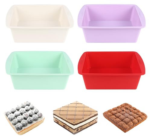 Mlying Lot de 4 moules à gâteau carrés en silicone - Pour brownie - Rouge + blanc + violet + vert - Carré