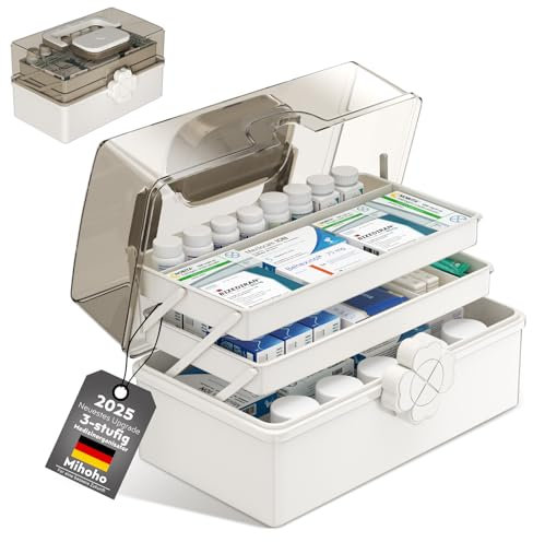 Mihoho 3-stöckige Medizinbox, 3-Regal Hausapotheke, Medikamenten Aufbewahrungsbox, Erste-Hilfe-Box, Medizinkoffer, Sortierbox für Haarschmuck und Kosmetik (weiß)