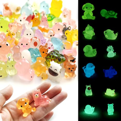 POTWPOT 70pcs Mini Resin Animals, 70 Styles Mini Luminous Resin Animals Miniature Little Small Animal Figures Glow in the Dark for Micro Landscape Fairy Garden Aquarium Dollhouse Decor
