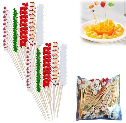 100 púas de cóctel de Navidad, palillos de dientes de comida de 4.7 pulgadas de largo, brochetas de frutas, botanas, botanas, brochetas de embutidos, decoración de Navidad con temática clásico