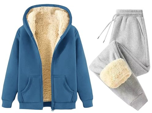 Tuta Donna Invernale Sportiva Pile Completo Calda Felpata Felpa con Zip Cappuccio e Pantaloni Velluto Completo 2 Pezzi Tute da Ginnastica In Pile Vello Foderato Casual Abbigliamento Jogging Invernale
