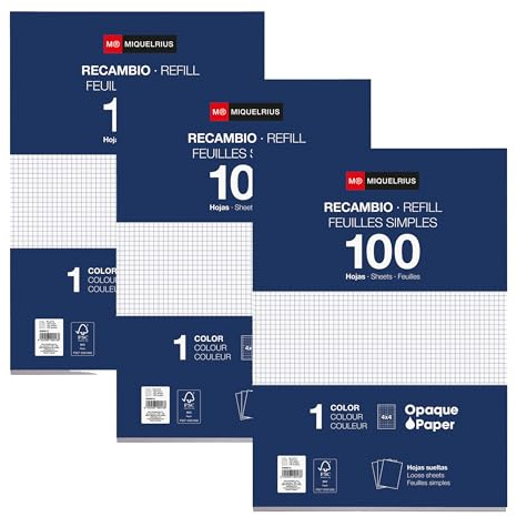 Miquelrius - Blocs de recambio, 300 hojas sueltas cuadriculadas 4 mm, Papel opaco 90 g/m², Recambio hojas A4 sin perforar para carpeta anillas o archivadores, Material escolar para la vuelta al cole