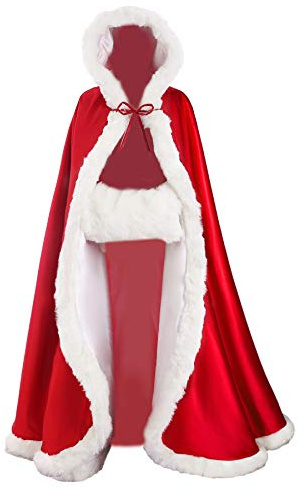 BEAUTELICATE Wedding Cape Hooded Cloak for Bride Winter Reversible with Fur Trim Free Hand Muff Length 55 Wine Red