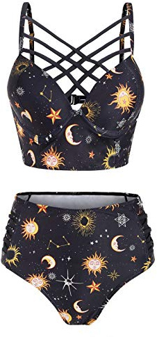 JMSUN Maillot de bain d'été pour femme à motif de soleil, étoile et lune, avec bretelles croisées en treillis dans le dos, bas taille haute, tankini