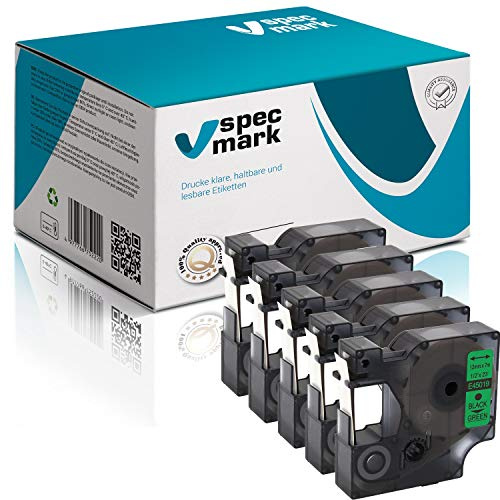 specmark Compatible para DYMO D1 45019 S0720610 cinta de escritura 12 mm x 7 m juego x 5 unidades negro sobre verde compatible con LM Label-Manager LP Label-Point LW Label-Writer DUO