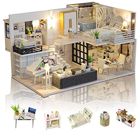 GuDoQi DIY Puppenhaus Miniatur Kit, 3D Hölzernes Puppenhaus Bausatz mit Möbeln und Musik und LED-Licht, Handwerk Miniatur Modellbausätze für Frauen und Sammler, Einfaches Leben Haus