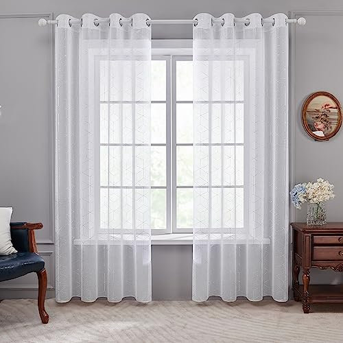 Deconovo Gardinen Weiß Vorhang Transparent Leinenoptik Ösenvorhang Voile Ösenschal Wohnzimmer, 245x140, Geometrie