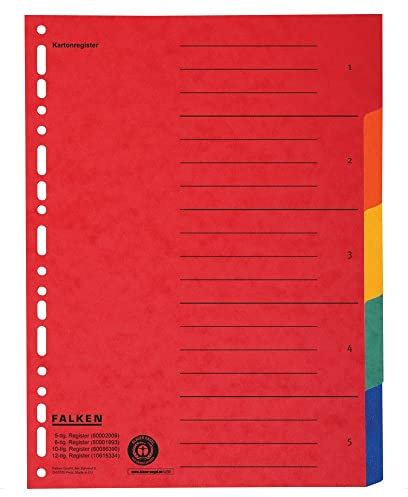 Falken - Separadores de cartón para documentos (DIN A4+, 24,5 x 30 cm, altura completa, 12 piezas, 2 x 6 colores, para archivar fundas de prospecto)