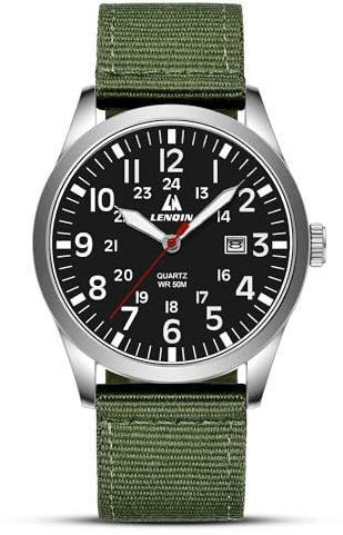 LN LENQIN Orologio Uomo Militare Analogico Quarzo Nylon Datario 3ATM | Orologio militare da uomo 42mm con datario, quadrante luminoso, cinturino in nylon, movimento al quarzo, impermeabile