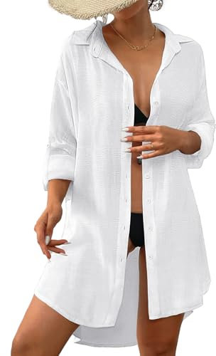 Tanmolo Damen Strandkleid Bikini Cover Up Sommer Strandbluse Strandhemd V-Ausschnitt Strandponcho Bademode Strand Vertuschen Shirt (Weiß,S)