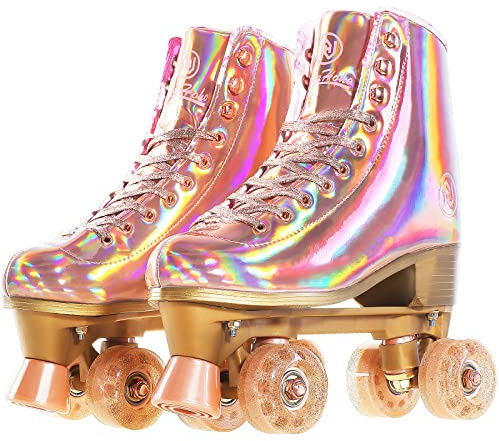 JajaHoho Roller Skates for Women, Holographic High Top PU Leather Rollerskates, Shiny Double-Row Four Pink Glitter Wheels Quad Skates for Girls and Age 8-50 Indoor Outdoor (Size 2, Rose Gold)