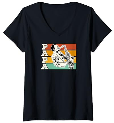Femme Saxophone Papa années 70 80 Style rétro Fête des pères Saxophone T-Shirt avec Col en V