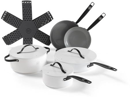 Be Living Essential 12-teiliges Pfannenset, Enthält Bratpfanne, Stielkasserolle & Kochtopf Non Stick Keramik Antihaft, Induktion, Ohne ptfe und pfoa, Weiß