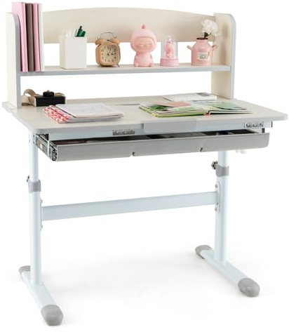COSTWAY Scrivania per Bambini, Banco Scuola per 3-12 Anni Regolabile in Altezza da 50cm a 73cm con Piano Inclinabile 60°, Scrittoio Cameretta Multifunzionale con Libreria e Cassetto (Grigio)