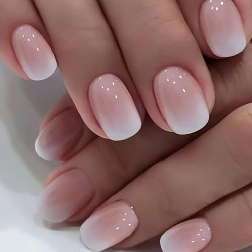 Kotkiddy Lot de 24 faux ongles courts français à coller - Rose et blanc - Motifs dégradés - Courts carrés - Brillants