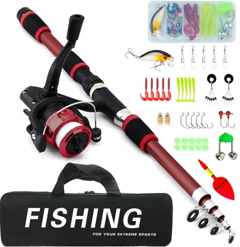 Set da pesca per bambini, set di partenza da 1,8 m, set di canne da pesca per bambini con mulinello e set di esche, canne da pesca telescopiche in fibra di carbonio e mulinello, accessori da pesca per