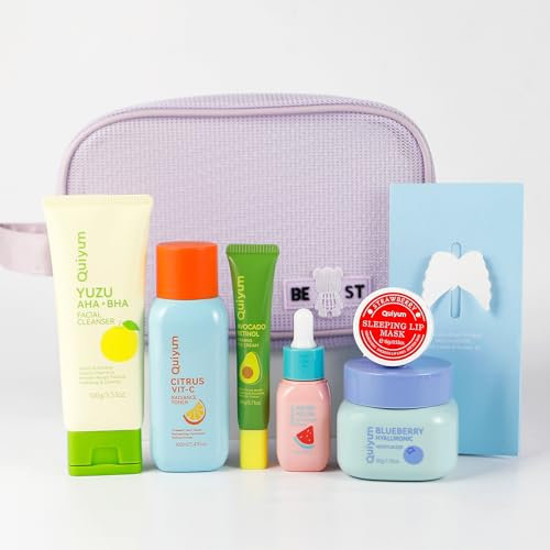 QUIYUM Set per la cura del viso da donna, 6 pezzi, per la cura della pelle, con detergente, toner, siero, crema per gli occhi, maschera per labbra, per donne e ragazzi