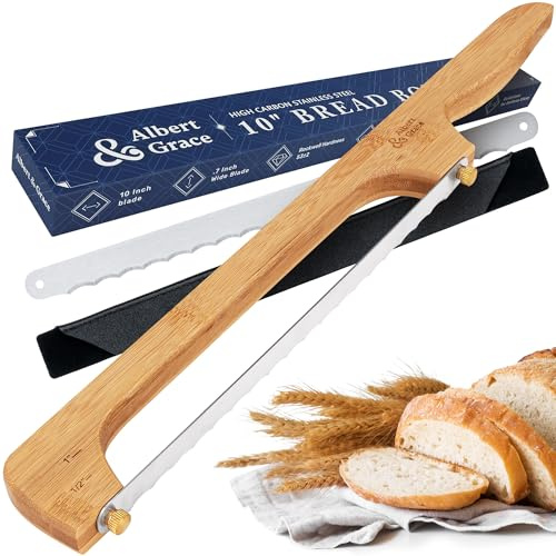 Albert&Grace Adjustable Bread Bow Knife - Sourdough Bread Slicer with Serrated Stainless Blade, Extra Replacement Blade & Sheath, Easy Thumb-Screw Swap, Right- or Left-Handed Use, Gift for Bakers